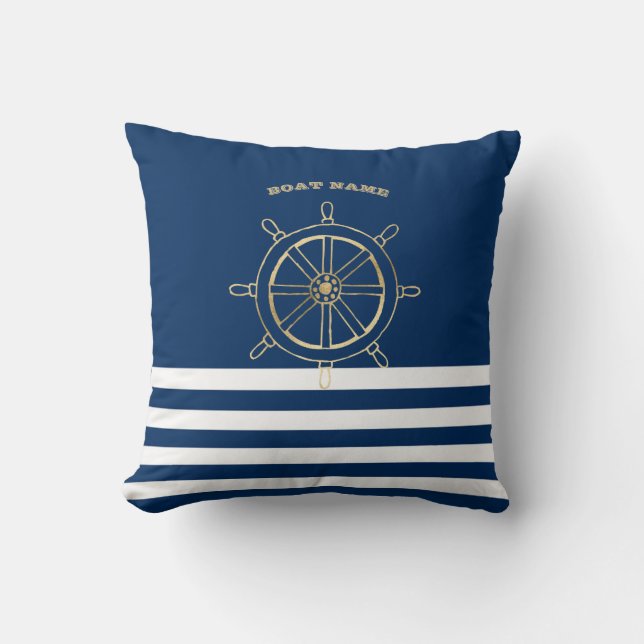 Nautical,Gold Boat Wheel, Navy Blue Stripes    Throw Pillow (Front)