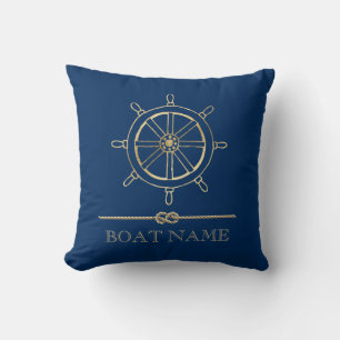Nautical Gold Boat Wheel,Navy Blue Throw Pillow