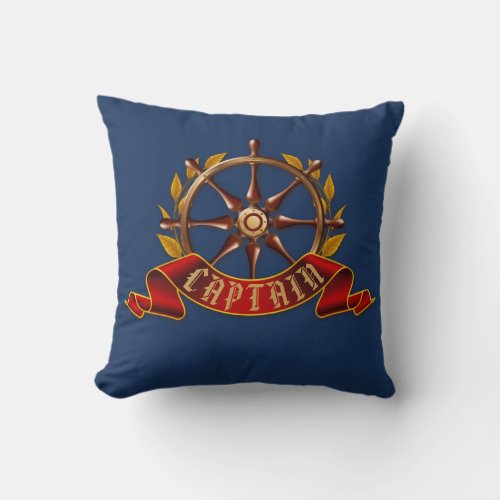 Nautical Gold Captain Ships Wheel Navy Blue Throw Pillow