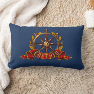 Nautical Gold Captain's Wheel Navy Blue Lumbar Pillow