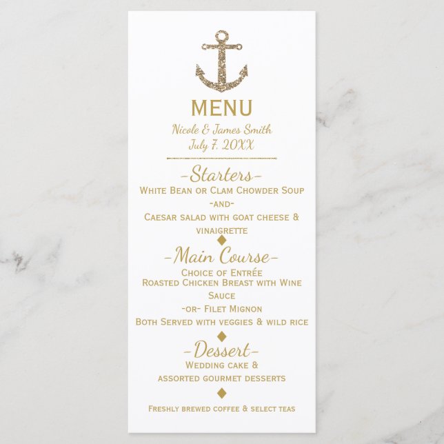 Nautical Gold Glitter Anchor Glamour Menu Card (Front)