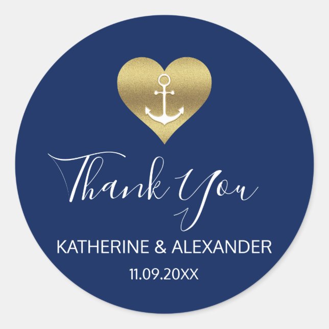 Nautical Gold Heart Anchor Navy Blue Wedding Seals (Front)