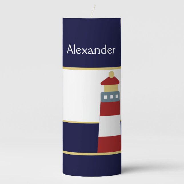 Nautical Gold, Navy Blue Burgundy Maroon Red Light Pillar Candle (Front)