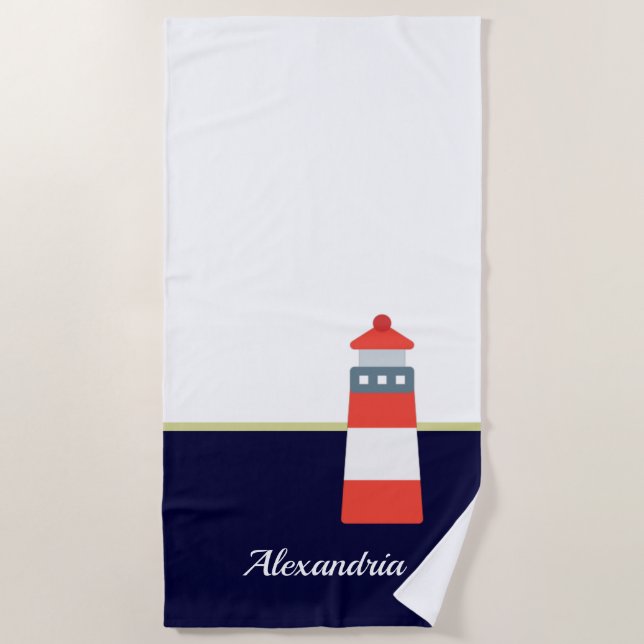 Nautical Gold Navy Blue Red White Lighthouse  Beach Towel (Front)