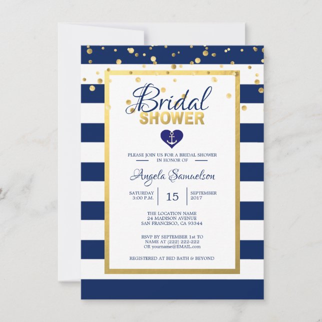 Nautical Gold Navy Blue Stripes Bridal Shower Invitation (Front)