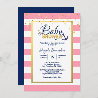Nautical Gold Navy Blue White Pink Baby Shower Invitation