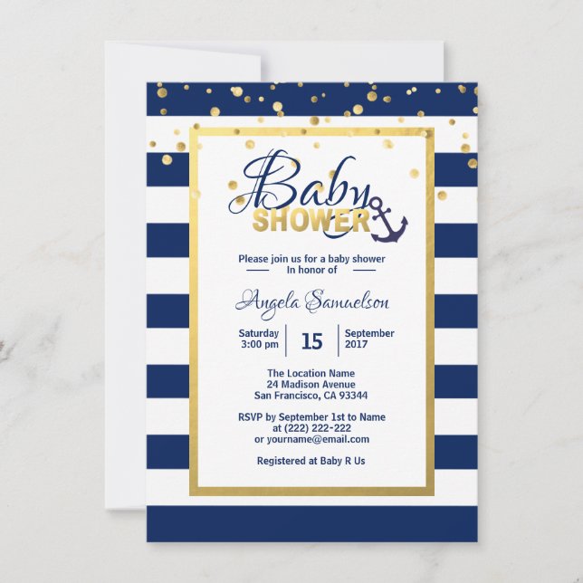Nautical Gold Navy Blue White Stripes Baby Shower Invitation (Front)