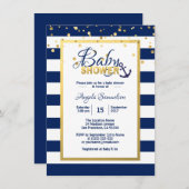 Nautical Gold Navy Blue White Stripes Baby Shower Invitation (Front/Back)