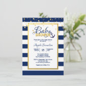 Nautical Gold Navy Blue White Stripes Baby Shower Invitation (Standing Front)