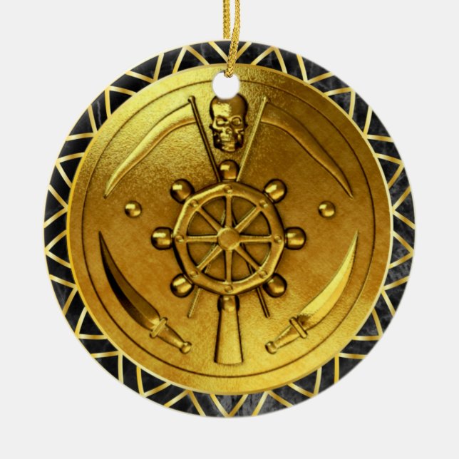 Nautical Gold Pirate Ship's Wheel Medallion Ceramic Ornament (Front)