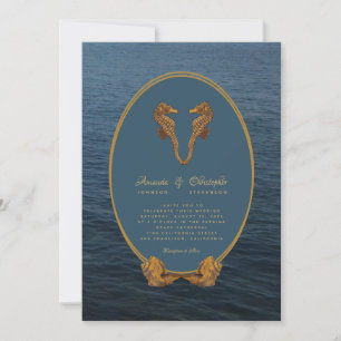 Nautical Gold Seahorse Dance Beach Wedding Invitation