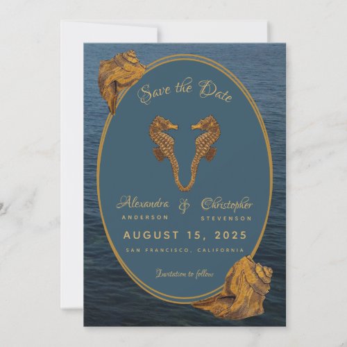 Nautical Gold Seahorse Dance Beach Wedding Save The Date