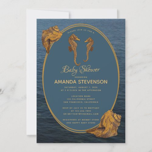 Nautical Gold Seahorses Blue Ocean Baby Shower Invitation