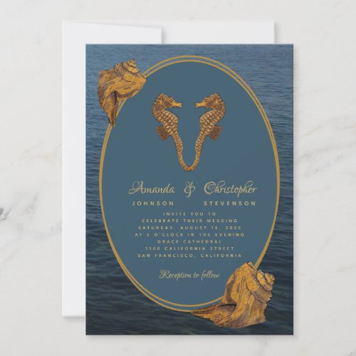 Nautical Gold Seahorses Sea Snails Beach Wedding Invitation