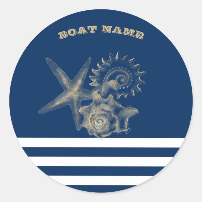 Nautical,Gold Seashells Navy Blue Stripes   Classic Round Sticker (Front)