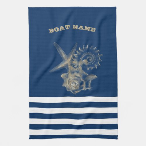 NauticalGold Seashells Navy Blue Stripes  Kitchen Towel