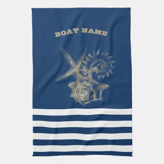 Nautical,Gold Seashells Navy Blue Stripes  Kitchen Towel (Vertical)