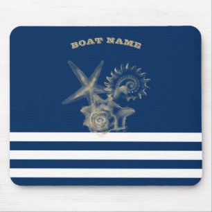 Nautical,Gold Seashells Navy Blue Stripes Mouse Pad