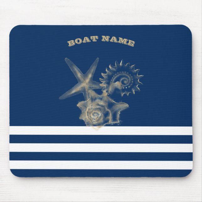 Nautical,Gold Seashells Navy Blue Stripes   Mouse Pad (Front)