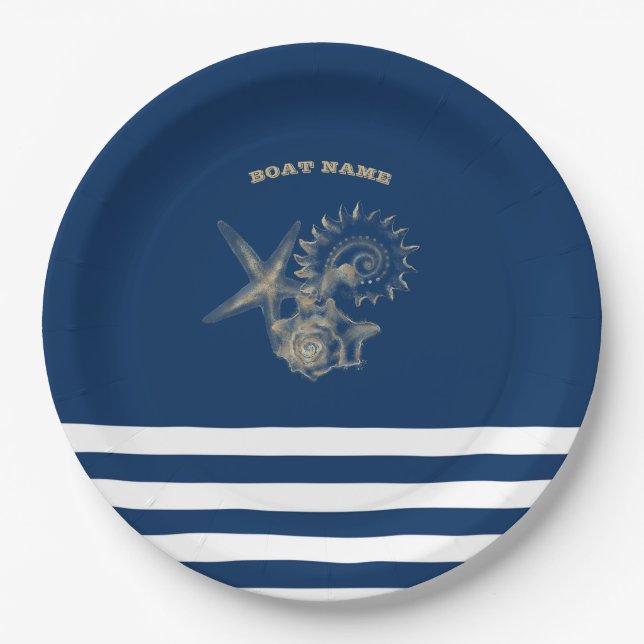 Nautical,Gold Seashells Navy Blue Stripes Paper Plates (Front)
