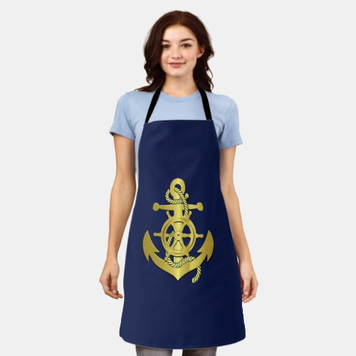 Nautical gold Ship anchor and wheelnavy blue  Apron