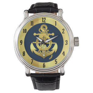 Nautical gold ship/boat anchor/navy blue round clo watch