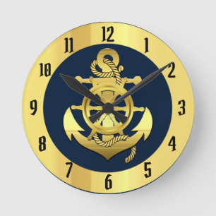 Nautical gold ship/boat anchor/navy blue round clock