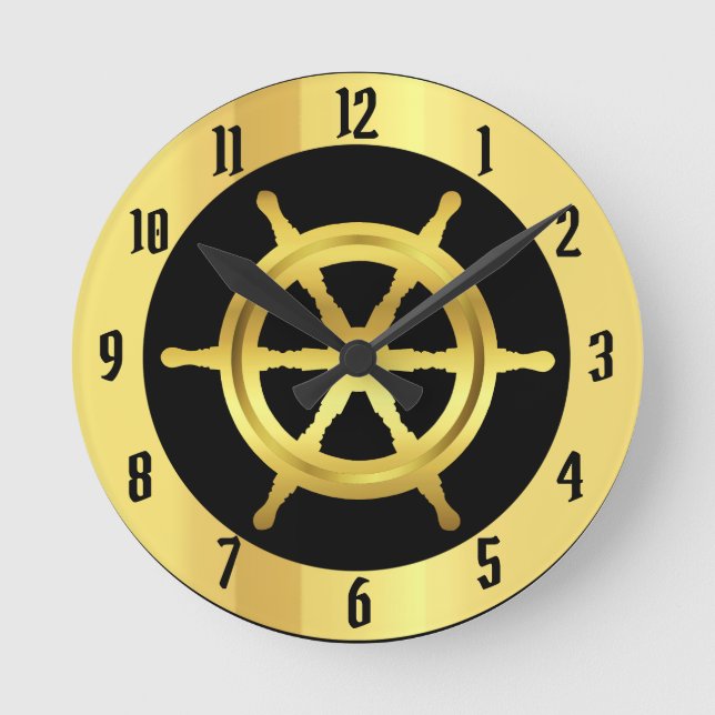 Nautical gold ship/boat wheel on black round clock (Front)