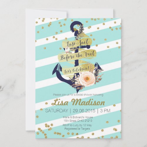 nautical gold striped bridal shower invitation