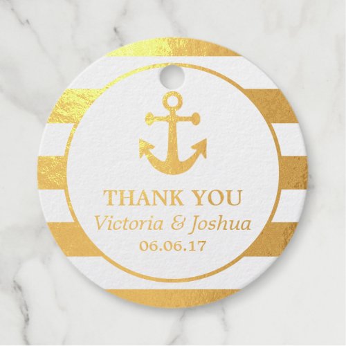 Nautical Gold Stripes Anchor Thank you Wedding Foil Favor Tags