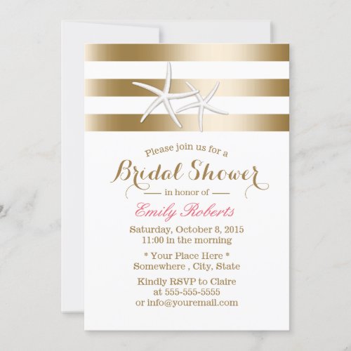Nautical Gold Stripes Starfish Bridal Shower Invitation