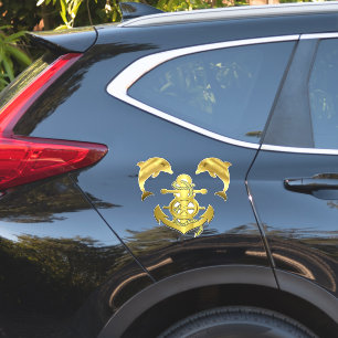 Nautical gold tone dolphin/porpoise + boat anchor sticker