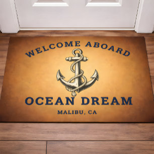 Nautical Gold Welcome Aboard Boat Name Anchor Bath Mat