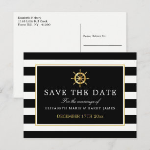Nautical Gold Wheel, Black & Gold Save the Date Announcement Postcard