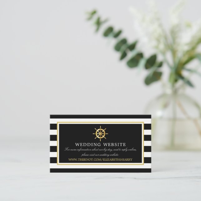 Nautical Gold Wheel, Black & Gold Wedding Website Enclosure Card (Standing Front)