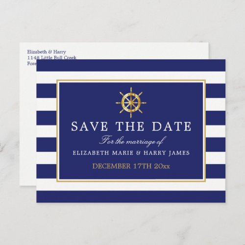 Nautical Gold Wheel Navy  Gold Save the Date Announcement Postcard