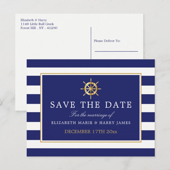 Nautical Gold Wheel, Navy & Gold Save the Date Announcement Postcard (Front/Back)