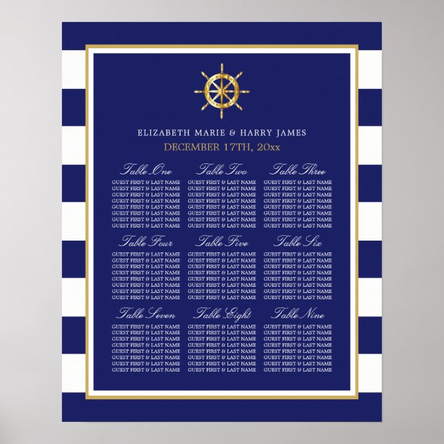 Nautical Gold Wheel, Navy & Gold Seating Chart (Front)