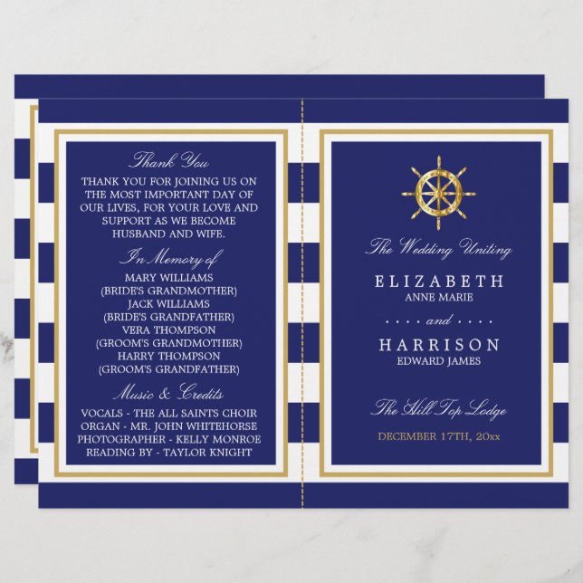 Nautical Gold Wheel, Navy/Gold Wedding Programme (Front/Back)