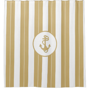 Nautical Gold White Vertical Stripes with Anchor Shower Curtain