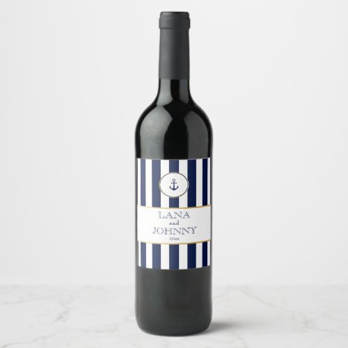 Nautical Gold with Navy Stripes Wine Label