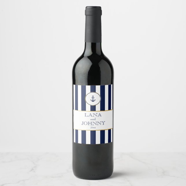 Nautical, Gold with Navy Stripes Wine Label (Front)