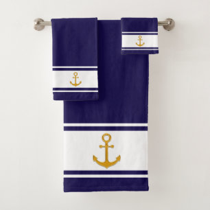Nautical  golden anchor on navy blue & white bath towel set