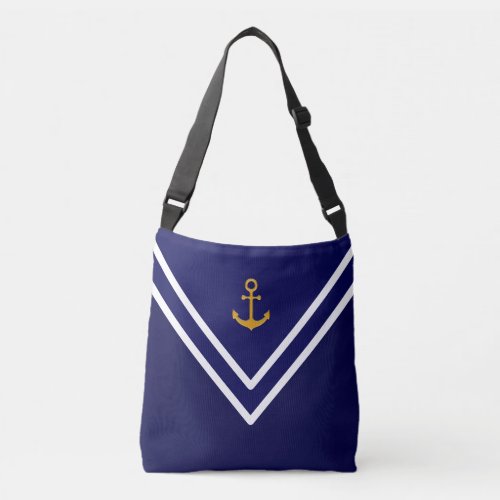 Nautical Golden Anchor on Navy Blue  White Crossbody Bag