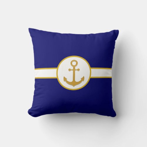 Nautical Golden Anchor on Navy Blue  White Throw Pillow