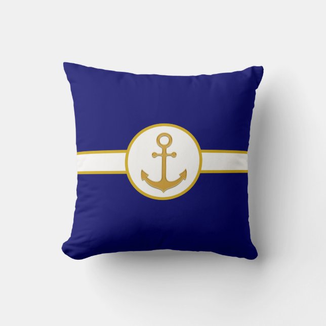 Nautical Golden Anchor on Navy Blue & White Throw Pillow (Front)