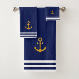 Nautical Golden Anchor & Stripes on Navy Blue Bath Towel Set