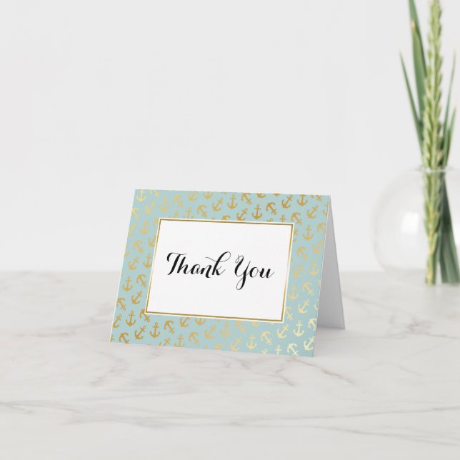 Nautical Golden Anchors Pattern Letterpress Thank You Card (Front)