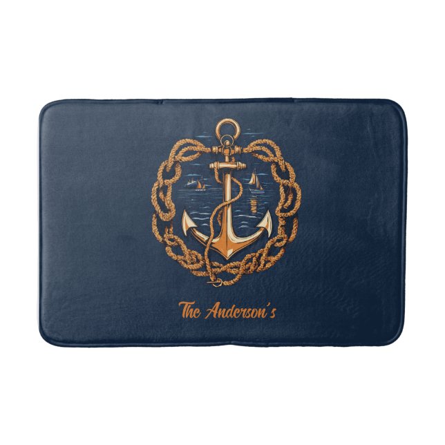 Nautical Golden Ship’s Anchor Bath Mat (Front)