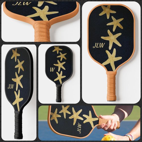 Nautical Golden Starfish Monogrammed Black Pickleball Paddle